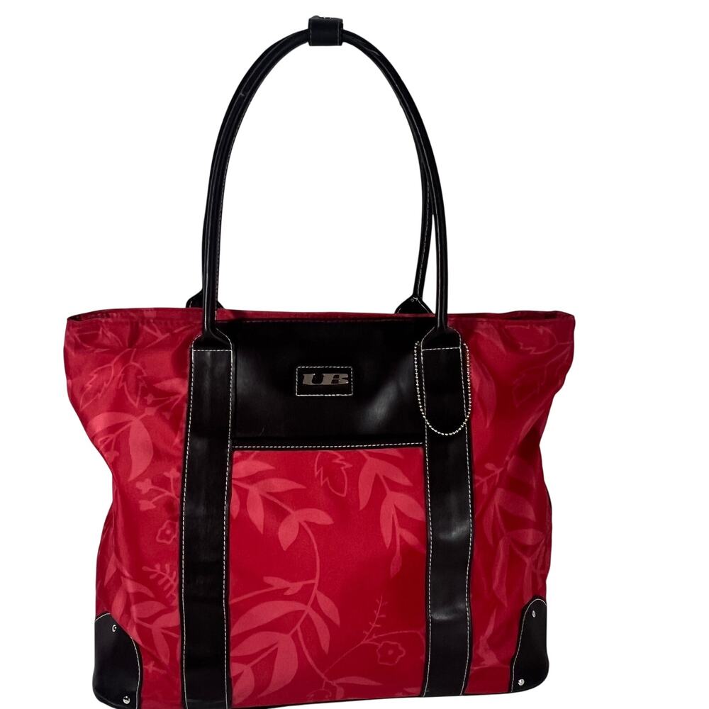 Large Red Floral Zippered Nylon Tote with Brown Faux Trim Handles UB Logo